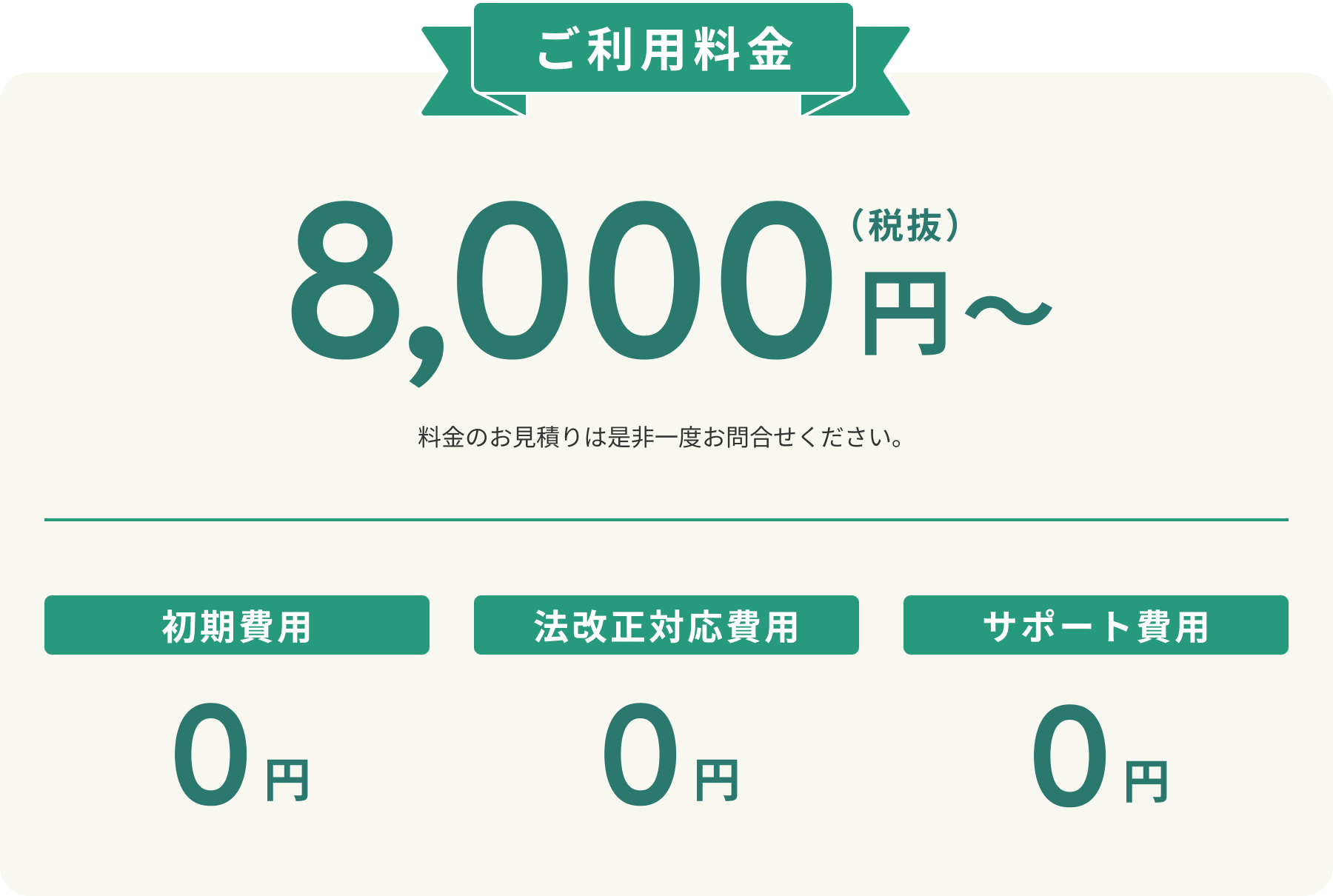 月額8,000円～の定額制、初期費用・更新費用・サポート費用0円